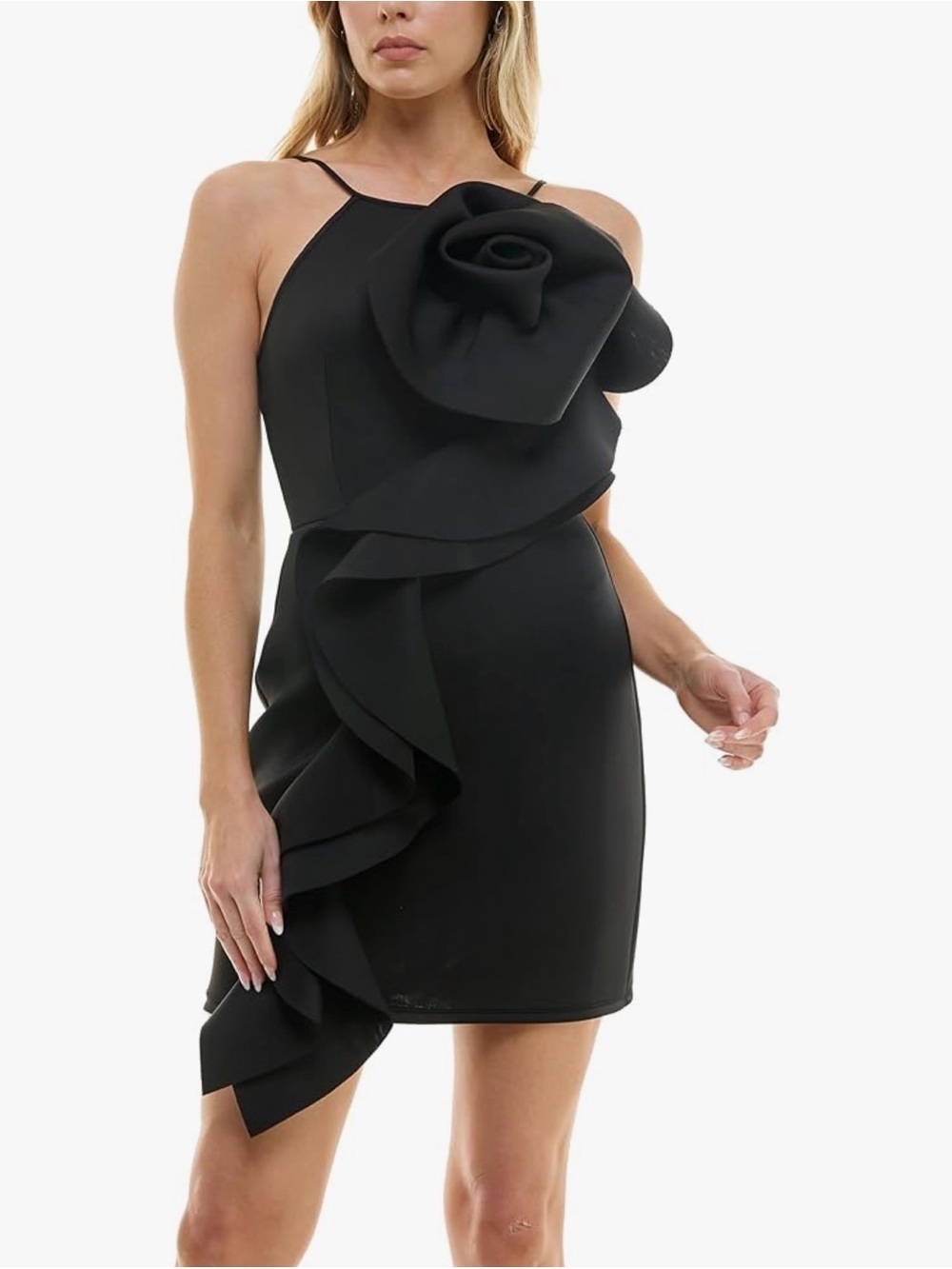 One-Shoulder Black Mini Dress with Sculpted Floral Ruffle